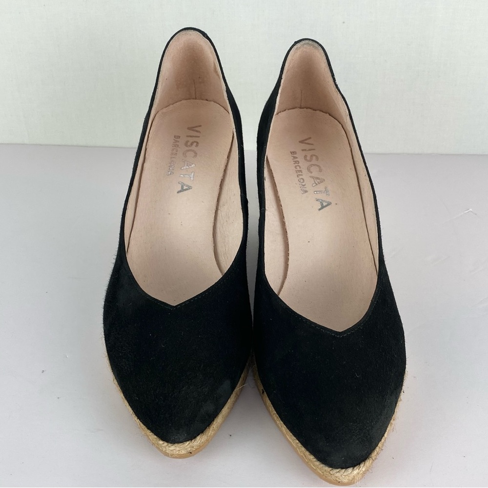Viscata Roses Suede V Shaped Pointed Toe Espadrille Wedge Shoes Sz 40 EU Black - Picture 2 of 8